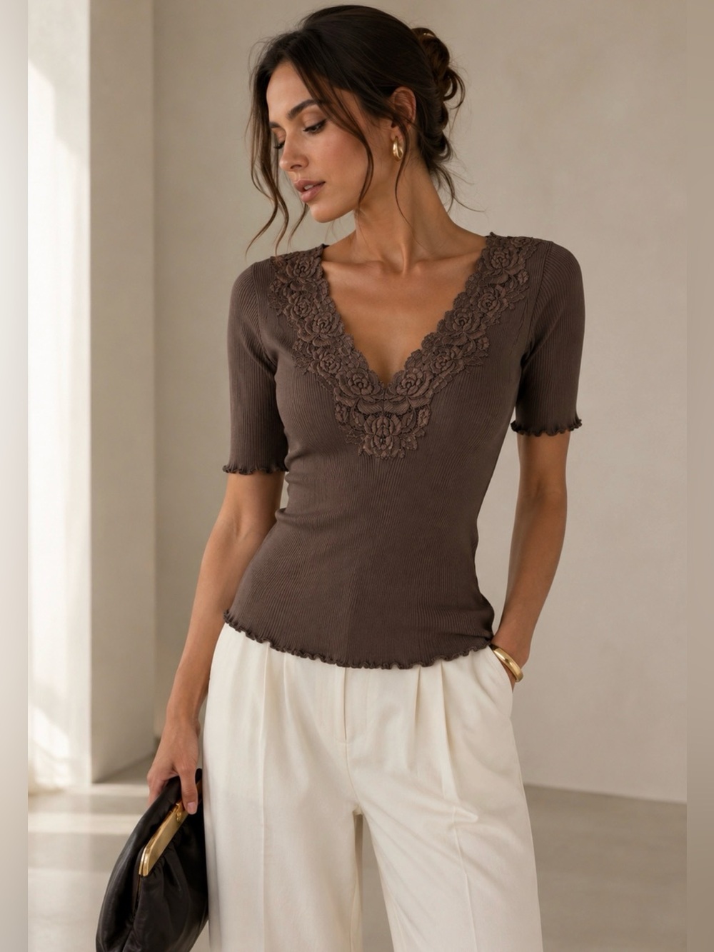 BCBG Max Azria 100% Silk Lace Trim Ribbed Top – M/L